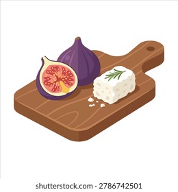 Flat graphic showing sliced fig fruit with cheese placed on a wooden board. Suitable for food presentation visuals, menu design, restaurant branding, catering promotion, and culinary content