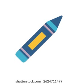 Flat graphic style illustration of a crayon featuring blue yellow and pink colors against a White Background.