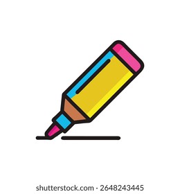 A flat graphic style image of a colorful marker drawing a line on a White Background, close up.