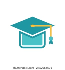 Flat graphic of a teal graduation cap with yellow tassel, isolated on a black background. Represents academic success.