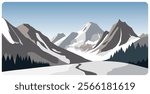 Flat graphic vector illustration of abstract snowy mountain landscape with road to snowcapped mount peaks and fir forest on foothills at winter day. Cartoon sketch concept for mountaineering or hiking