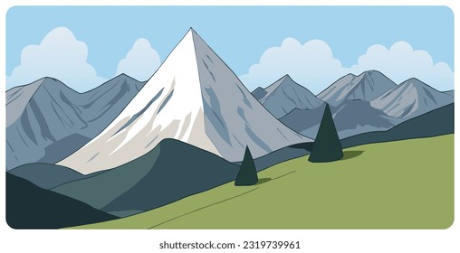 Flat graphic vector illustration of abstract mountain landscape with green foothills and triangular snowy mount peak on background. Simple decorative cartoon logo concept for hiking tourism.