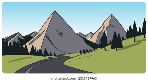 Flache grafische Vektorgrafik abstrakter Berglandschaft mit Straße zu bergen Gipfel zwischen Ausläufern und Tannenwald. Einfaches Dekorationskonzept für Naturlandschaften oder Wandertourismus.
