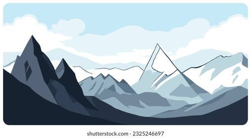 Flat graphic vector illustration of abstract snowy mountain landscape with snowcapped peak and sharp mount range. Simple decorative cartoon sketch concept for mountaineering or hiking tourism.