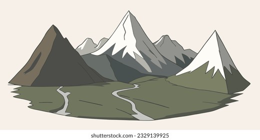 Flat graphic vector illustration of abstract mountain landscape with part of mount range area contains foothills to snowcapped peaks. Simple cartoon design sketch for climbing or hiking tourism.
