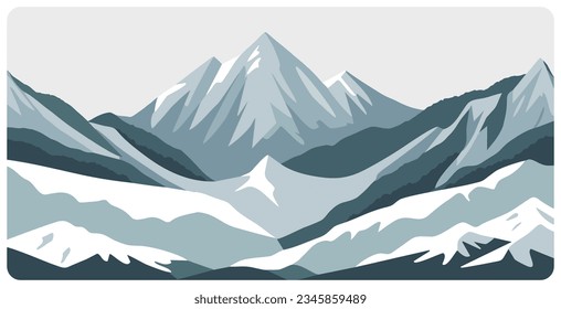 Flat graphic vector illustration of abstract snowy mountain landscape with snowcapped peak and sharp mount range. Simple decorative cartoon sketch concept for mountaineering or hiking tourism.