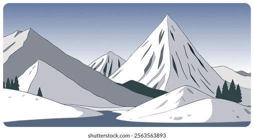 Flat graphic vector illustration of abstract snowy mountain landscape with frozen river among snowcapped peaks and mount range at winter day. Cartoon sketch for mountaineering or hiking tourism.