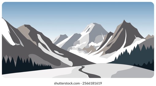 Flat graphic vector illustration of abstract snowy mountain landscape with road to snowcapped mount peaks and fir forest on foothills at winter day. Cartoon sketch concept for mountaineering or hiking