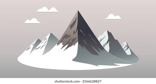 Flat graphic vector illustration of abstract snowy mountain landscape with part of mount range isolated on gray background. Simple cartoon design element for mountaineering or hiking tourism concept.