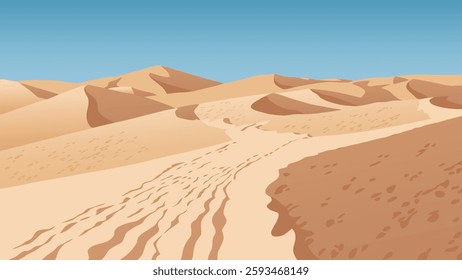Flat graphic vector illustration of abstract desolate desert landscape with sandy dunes under clear blue sky. Simple decorative cartoon concept of nature scenery.