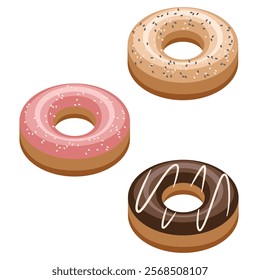Flat graphic vector illustration isolated on white background of a set of 3 bagels