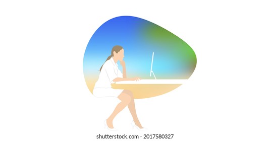 Flat graphic vector illustration. A woman working on a desktop at her desk on blurred out-of-shape frame.