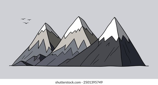 Flache grafische Vektorskizze der abstrakten verschneiten Berglandschaft mit schneebedeckten scharfen dreieckigen Bergspitzen auf grauem Hintergrund. Einfaches Cartoon Design Element für Klettern oder Wandern Tourismus Konzept.