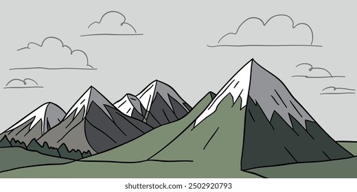 Flat graphic vector sketch of abstract mountain landscape with snowy sharp triangular mount peaks isolated on gray background. Simple hand drawn cartoon design element for climbing or hiking concept.