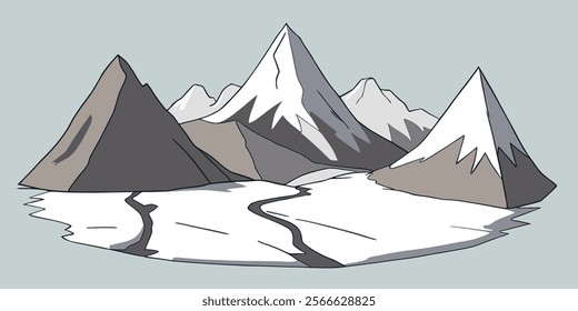 Flat graphic vector sketch of abstract snowy mountain landscape with part of mount range area contains foothills and snowcapped peaks. Simple cartoon design element for hiking tourism concept.