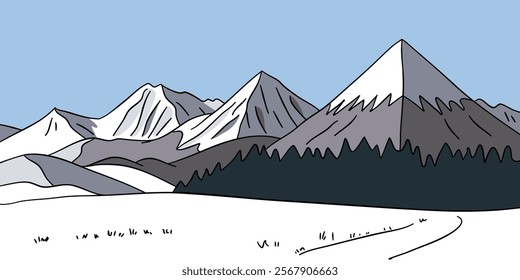 Flat graphic vector sketch of abstract snowy mountain landscape with snowbound foothills and triangular snowcapped mount peaks on blue sky background. Simple hand drawn concept of winter scenery.