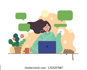 Flat graphic vector  of woman stay home having a conference with someone through laptop. Concept of work from home, quarantine, home working, home office. Quarantine during virus epidemic.