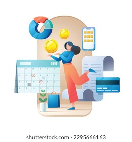 flat graphic woman holding coine money plane bill credit card payment in time calendar