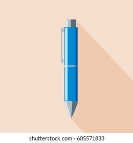Flat graphics of blue pen with shadow.