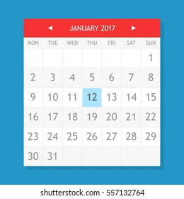 Flat graphics of single page from calendar. January 2017.