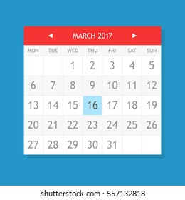 Flat graphics of single page from calendar. March 2017.