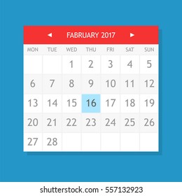 Flat graphics of single page from calendar. February 2017.