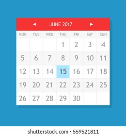 Flat graphics of single page from calendar. June 2017.