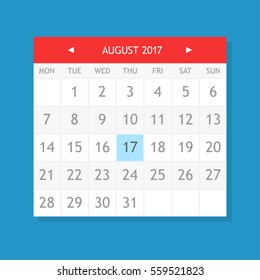 Flat graphics of single page from calendar. August 2017.