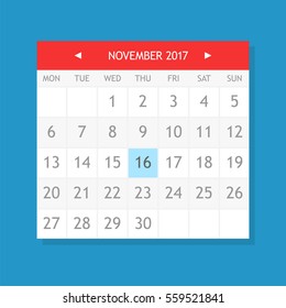 Flat graphics of single page from calendar. November 2017.