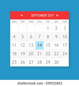 Flat graphics of single page from calendar. September 2017.