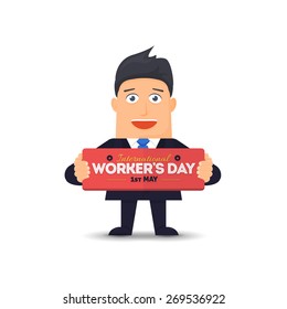 Flat Graphics Template Businessman Hold Card, Worker's Day Typographic Lettering
