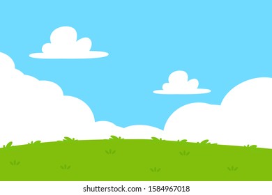 Flat grass and sky background. Cartoon outdoor park background with green grassland Four bright sky.