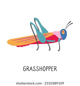 Flat grasshopper icon. Vector character grasshopper in unusual colors. Suitable for a poster or print.