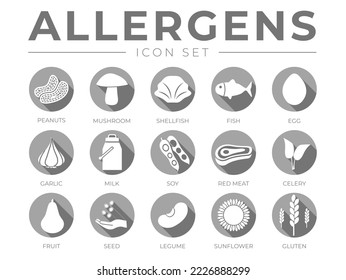 Flat Gray Allergens Icon Set. Peanuts, Mushroom, Shellfish, Fish, Egg, Garlic, Milk, Soy Red Meat, Celery, Fruit, Seed, Legume And Sunflower Gluten Food Allergy Icons
