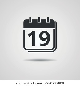 Icono plano de calendario gris plano. Día marcado, planificación, ilustración de símbolo de icono de fecha. Icono de calendario con el día 19.