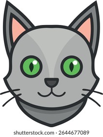 Flat Gray Cat Face Icon with Green Eyes and Whiskers.
