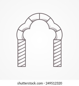 Flat gray contour vintage design vector icon for brick trefoil arch on gray background. 