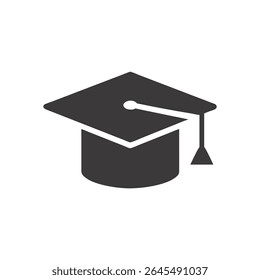 A flat, gray scale icon illustration of a graduation cap against a black backdrop. Simplistic style promotes academic achievement.