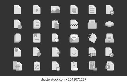 Conjunto de iconos de documentos y archivos en escala de grises plana. Adecuado para el App de oficina y el icono de gestión de archivos de computadora.