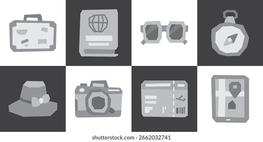 Clipart de Elemento de Viagem em Escala de Cinza Plano Definido no Estilo Recorte