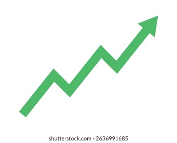 A flat green arrow graph going up consistently represents trading profit business growth, economic boom, and financial surplus. Simple vector illustration symbol design. 