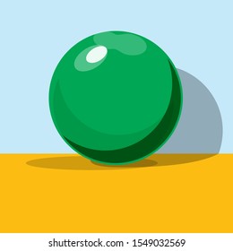 Flat Green Ball about a blue wall on yellow floor with  shadows on them.  2D vector illustration.