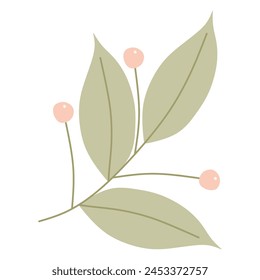 Flat Green branch with Leaves and Berries. Vector illustration isolated on white background. Cartoon Foliage, Botany object, Sweet Spring Design for Wedding Invitation, Card, Postcard. Nature ornament