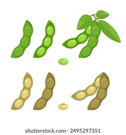 Soja plana verde y marrón o edamame en forma diferente con estilo de dibujos animados redondeado aislado sobre fondo blanco