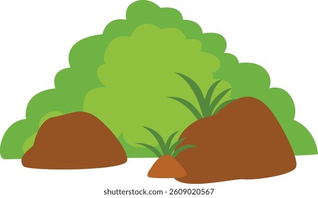 Flat green bush with rocks and grass, great for outdoor or nature scenes.