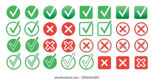 Ilustración de Arte vectorial de icono de marcas de verificación verdes planas y cruces rojas. Aislado sobre fondo blanco.