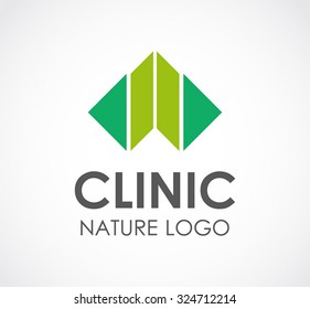 Flat green clinic of leaf abstract vector and logo design or template natural business health icon of company identity symbol concept