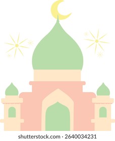 Flat green dome mosque with yellow stars and crescent, suitable for Islamic events, holy month designs, and religious celebration visuals.

