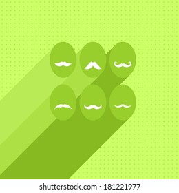 Flat green eggs with mustaches spring Easter time greeting card centerpiece with wishes in English isolated on green dotted background monochrome seasonal illustration