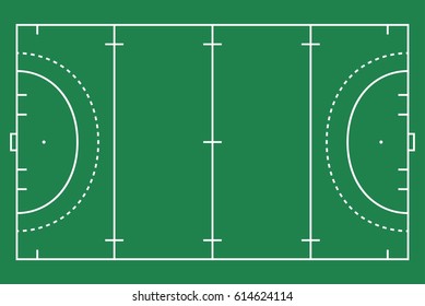 Flat green field hockey grass with line template. Vector stadium card.  Proportion outline illustration.